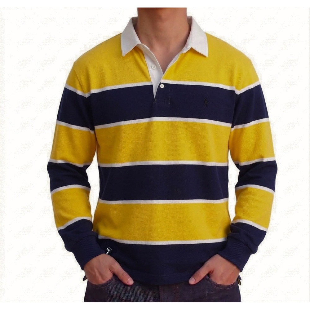 PPOLAFLON Mens Striped Rugby Polo Shirt Yellow Navy Blue Long Sleeve 2XL